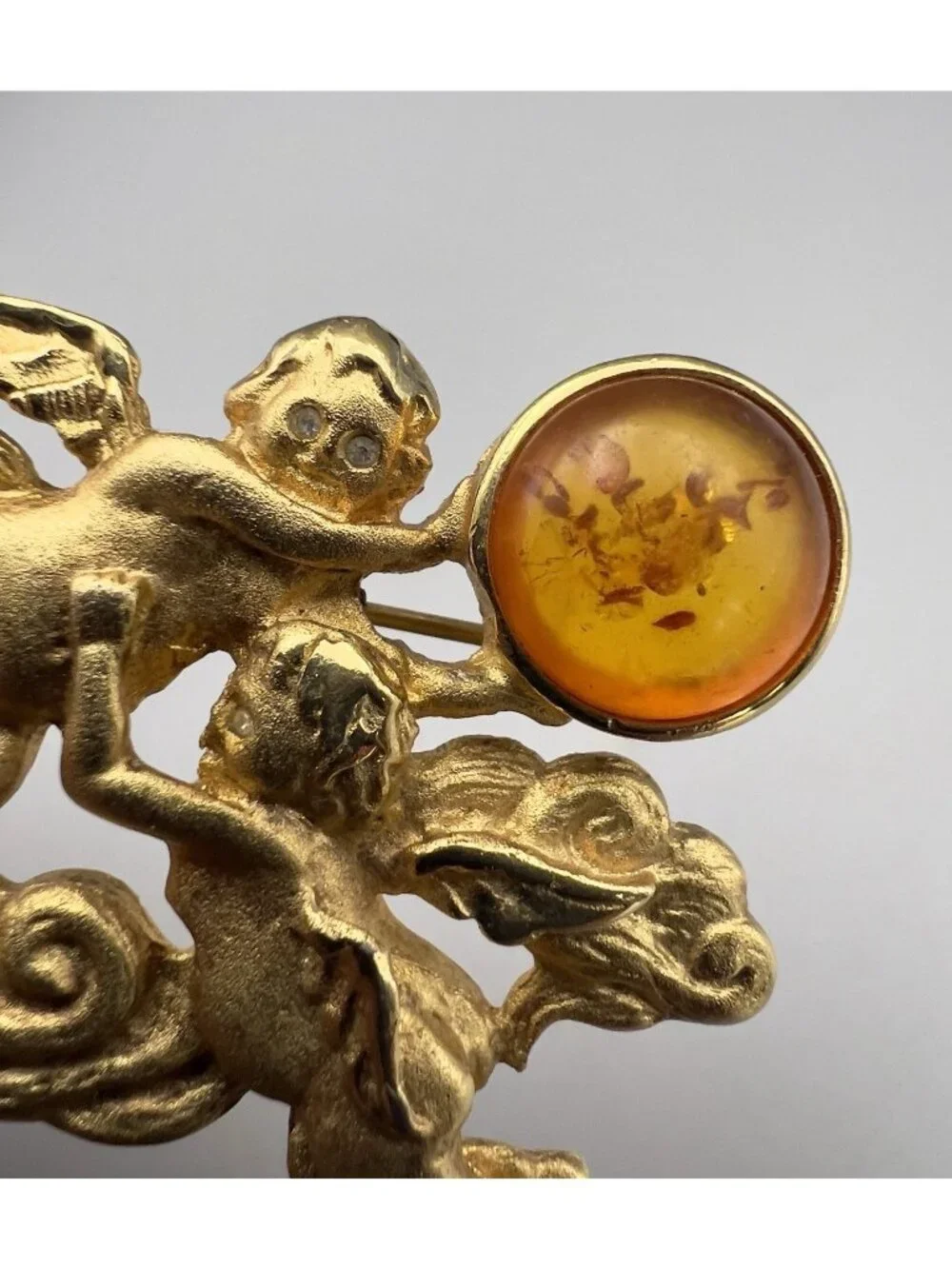 Vintage Signed LS Louis Stern Cherub Angel Brooch Gold Tone Amber Cabochon Pin